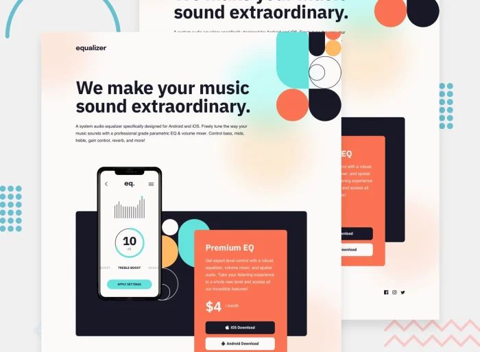Equalizer landing page Challenge: A landing page with colourful overlapping patterns, content and images