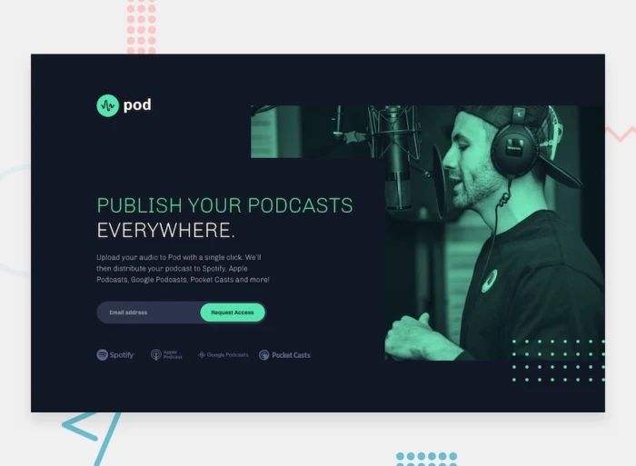 Pod request access landing page Challenge: A dark landing page design with overlapping content and images, decorative motifs and an email sign up form