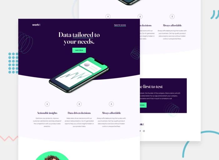 Workit landing page Challenge: Desktop design for a landing page with curved hero section background and slanted feature image