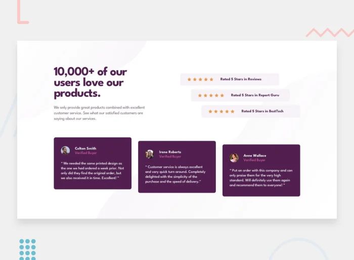 Social Proof section Challenge: A desktop design with intro section, reviews and testimonials all with staggered arrangements