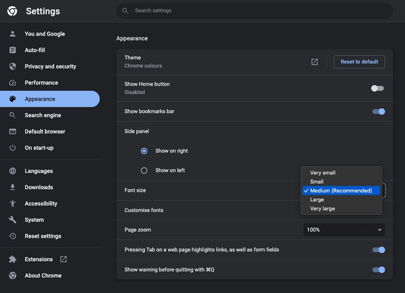 Chrome settings - Font size