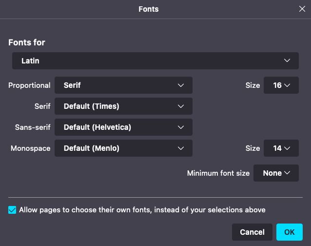 Firefox settings - advanced font options