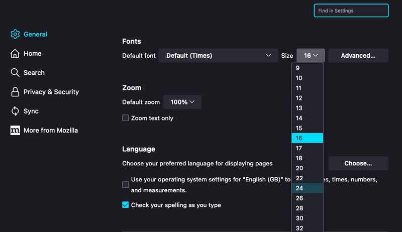 Firefox settings - Font size options