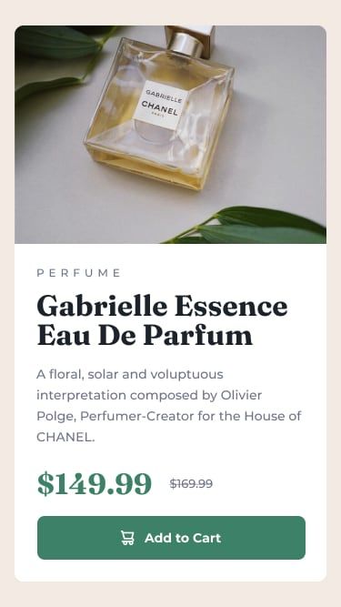 Mobile design: A vertcially stacked card with an image of a perfume bottle at the top, then a white background with ribbon text saying 'perfume', a title, paragraph and button