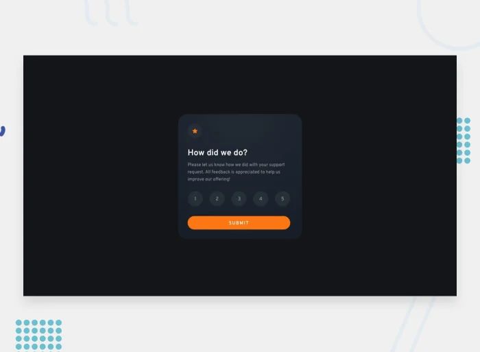 Interactive rating component challenge: A small feedback form with a dark design. All the card contains is short text, numbers in circles 1-5, and a submit button
