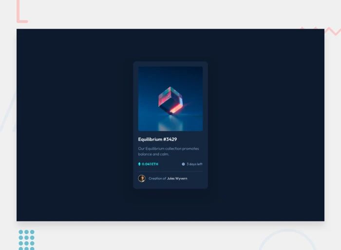 NFT preview card challenge: A simple-looking card design with image and text content. This design preview does not show the tricky image hover effect in the challenge, which makes the design more complex than it first looks