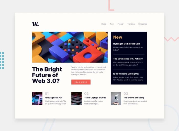 News homepage challenge: A complex full news landing page requiring a grid layout and some visually-hidden headings. There is a header with logo and nav, followed by a main with a large featured news post, highlighed new posts list, and ordered popular posts list