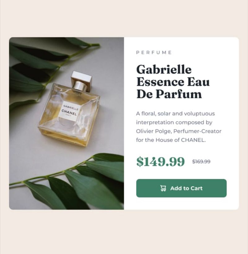 Product Preview Challenge: A single card in horizontal arrangement with an image of perfume on one side and product details including category, product name, prices and add to cart button on the other