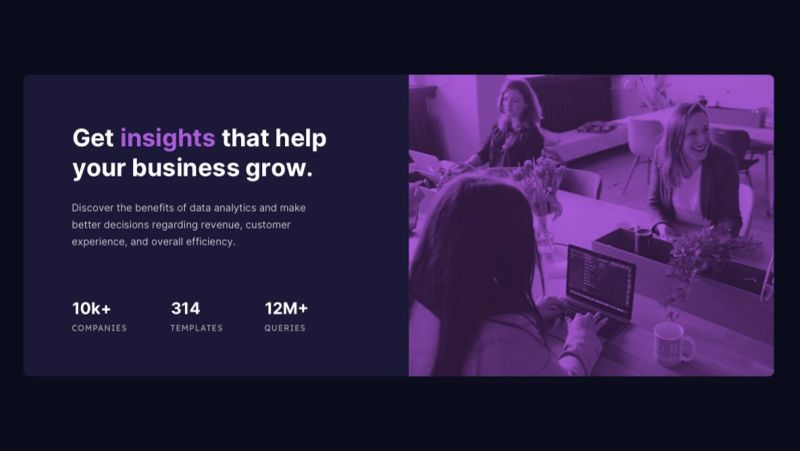 Stats preview card component challenge: A dark background with a dark-colored horizontal card in desktop view. There is a title with words highlighted in purple, a paragraph and 3 statistics on one side, and an photo of office workers with a purple-tinted overlay on the other