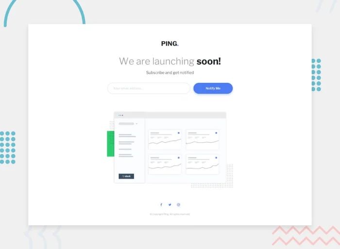 Ping single column coming soon page Challenge: Desktop design for a simple email sign up landing page, with logo, title, single field form, image and 3 social icons