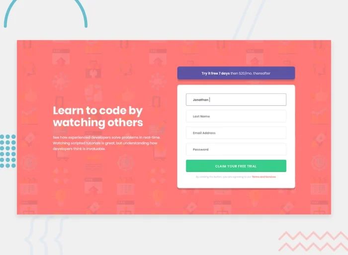 Intro component with sign up form challenge: A landing page with bright coral patterned background and a two-column layout with an intro section on one side and a multi-field sign up form on the other