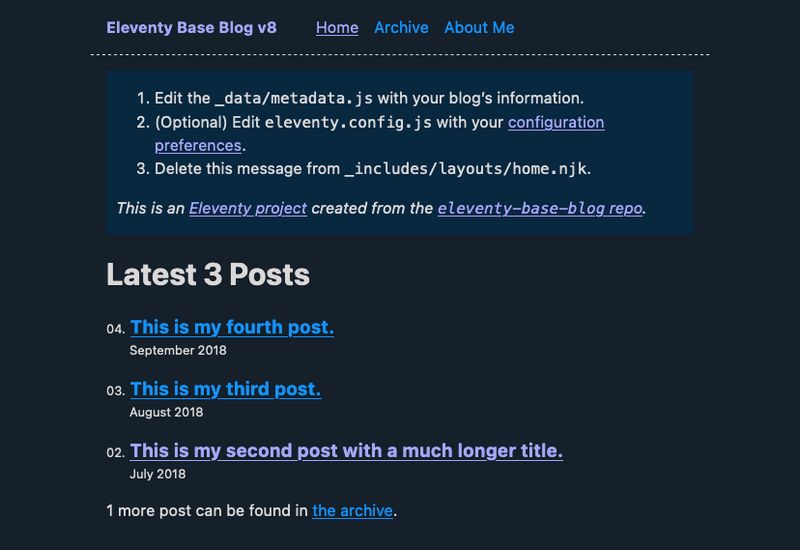 A screenshot of the Eleventy base blog with a site name and 3 nav links in the header, and a box with some text followed by a heading and 3 bullet points in the main body of the page