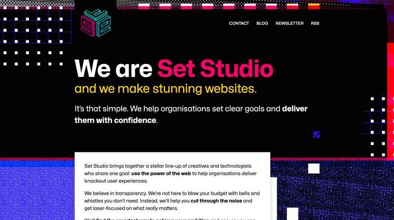 Large screen view of a bold and colourful agency site with bright neon accent text and loads of shapes and textures in the background
