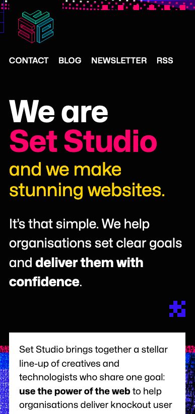 Mobile view of a bold and colourful agency site with bright neon accent text and subtle shapes and textures at the screen edges